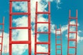 Red Wooden Stairway to Heaven. Road To Success. Achievement Of Goals Career Concept Royalty Free Stock Photo