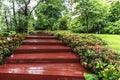 Red wooden steps after rain strom