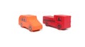 A red wooden toy truck and orange wooden toy car side by side Royalty Free Stock Photo