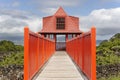 Red wooden viewpoint pathway in Pico island vineyard. Azores. Po