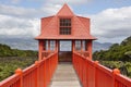 Red wooden viewpoint pathway in Pico island vineyard. Azores. Po