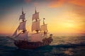 Red Wooden Vintage Tall Sailing Ship, Caravel, Pirate Ship or Warship in Open Ocean. 3d Rendering