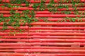 Red wooden wall with green curly plants.