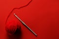 Red wool and crochet needle