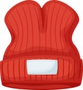 Red woolen winter hat featuring a ribbed knit design and a blank rectangular label on the front, offering an ideal Royalty Free Stock Photo