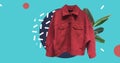 Red worker style jacket wool blend jersey. Fashionable short coat with pockets. Composition of clothes. Fun party fashion summer m