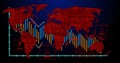 Red world map streaming binary code in dashboard, with bar charts, cyan axes, malware, virus alerts Royalty Free Stock Photo