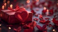 red wrapped gift box and paper heart, valentines present, generative ai