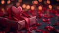 red wrapped gift box and paper heart, valentines present, generative ai