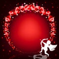 Red wreath of hearts on a black background with cupidon