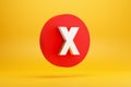 Red x sign or cross mark on a red button on yellow background. Cancel, rejection or error sign. Voting no