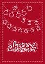 Red xmas scandinavian greeting card with merry Christmas calligraphy lettering text. Hand drawn vector illustration of Royalty Free Stock Photo