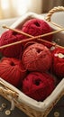 Red yarn balls in wicker basket Royalty Free Stock Photo