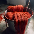 Red yarn dyeing process in metal buckets filled with vibrant red paint.