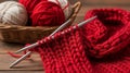 Red yarn knitting project with needles and basket of wool on wooden table Royalty Free Stock Photo