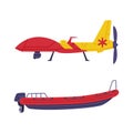 Red and Yellow Aircraft and Boat as Rescue Equipment and Emergency Vehicle for Urgent Saving of Life Vector Set