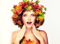 Red and yellow autumn Leaves on girl head.