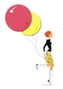 Red and yellow balloons in the hands of a walking girl. A graceful red-haired girl in white boots, a black blouse and an orange Royalty Free Stock Photo