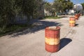 Red and yellow barrels on the Street Royalty Free Stock Photo