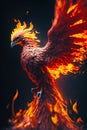 Red and yellow bird with orange and yellow flames on it's wings. Generative AI Royalty Free Stock Photo
