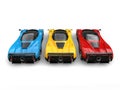 Red, yellow and blue awesome super cars - top back view