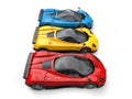 Red, yellow and blue awesome super cars - top side view