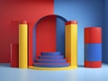 Red, Yellow, and Blue Cylindrical Podiums Elevate Product Display in a Stylish Room