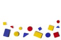 Red yellow and blue figures are scattered on a white background