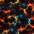 Red Yellow Blue Fire Neurons On Black Background. Tile Seamless Background. Generative AI