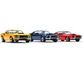 Red, yellow and blue muscle cars