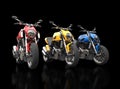 Red, yellow and blue sports motorcycles