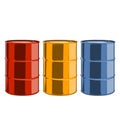 Red, yellow and blue steel oil barrels isolated on a white background. Color line art. Retro design. Royalty Free Stock Photo