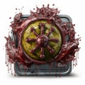 a red and yellow button with blood splattered on it Royalty Free Stock Photo