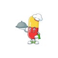 A red yellow capsules chef cartoon design with hat and tray