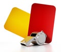 Red, yellow cards and whistle isolated on white background. 3D illustration Royalty Free Stock Photo