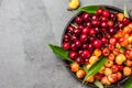 Red and yellow cherry with leaves on black plate Royalty Free Stock Photo