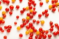 Red and yellow cherry tomatoes isolated on white background. Fresh bright organic vegetables Royalty Free Stock Photo