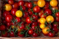 Red and yellow cherry tomatoes top view. Harvest vegetables. Tomato on the table. Vitamin healthy food. Rustic kitchen Royalty Free Stock Photo