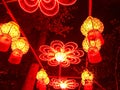 Hanging red and yellow Chinese lanterns at China Lights show in Hales Corner, Wisconsin with hanging red Chinese lanterns