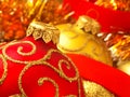 Red and yellow christmas balls and tinsel background Royalty Free Stock Photo