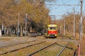 Red-yellow city tram model Tatra T3SU in Volgograd