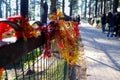 red and yellow color cloth tied on the side walk Royalty Free Stock Photo