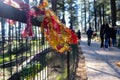 red and yellow color cloth tied on the side walk Royalty Free Stock Photo