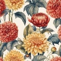 Red and yellow dahlia flowers. Botanical floral watercolor seamless pattern background. Generative AI Royalty Free Stock Photo