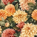 Red and yellow dahlia flowers. Botanical floral watercolor seamless pattern background. Generative AI Royalty Free Stock Photo