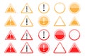 Red and yellow danger icon set. Warning road signs blank. Triangle and circle mark. Vector illustration. Stock image. Royalty Free Stock Photo