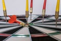 Red and yellow dart arrows hitting in the target center of dartboard. Success hitting target aim goal achievement concept Royalty Free Stock Photo