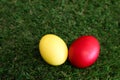 Red and yellow easter egg on green grass closeup Royalty Free Stock Photo