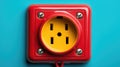 A red and yellow electrical outlet on a blue wall. Generative AI image. Royalty Free Stock Photo