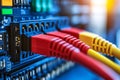 Red and yellow Ethernet cables plugged into a server symbolizing fast and secure data transfer for modern network systems
